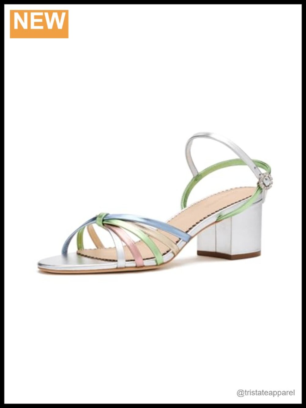 Metallic Strappy Block Heel Sandals Crystal Buckle Ankle Strap Open Toe